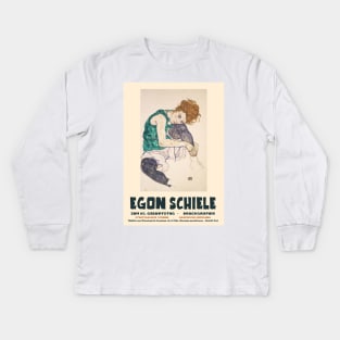 Egon Schiele - Exhibition Art Poster - Seated Woman with Bent Knee Kids Long Sleeve T-Shirt